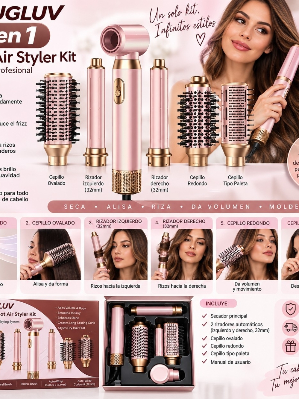 5 in-1 Pink Hot Air Styler Kit — Professional Multi-Brush Hair Tool